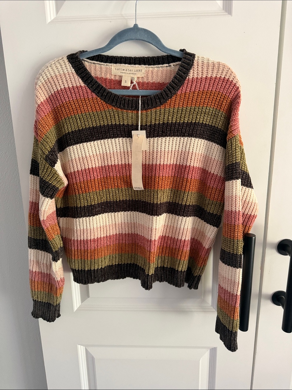 saltwater LUXE Multicolor Striped Crewneck Sweater - Pink, Olive, Cream, Brown